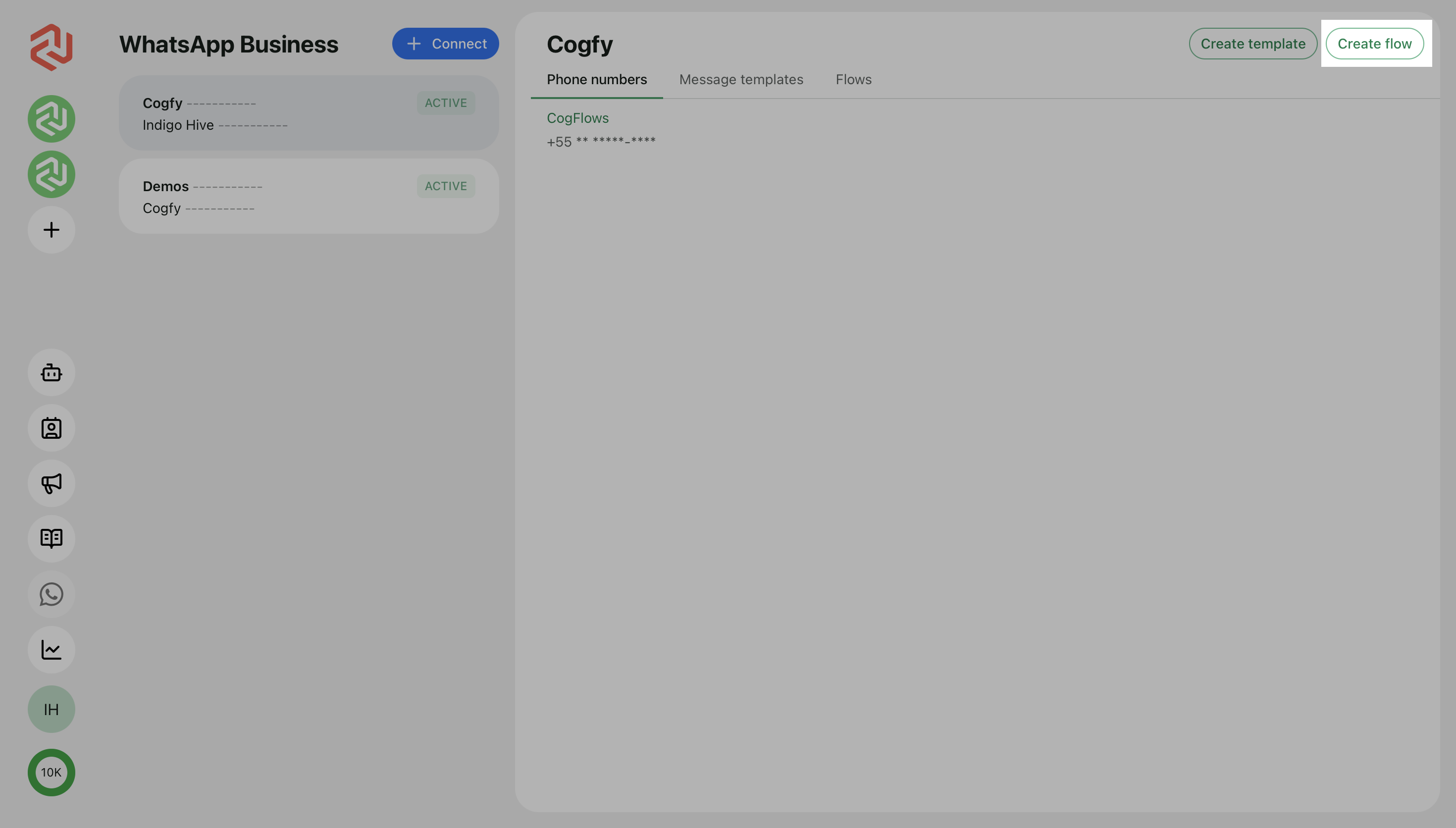 Tela de contas WhatsApp Business no CogfyMessenger