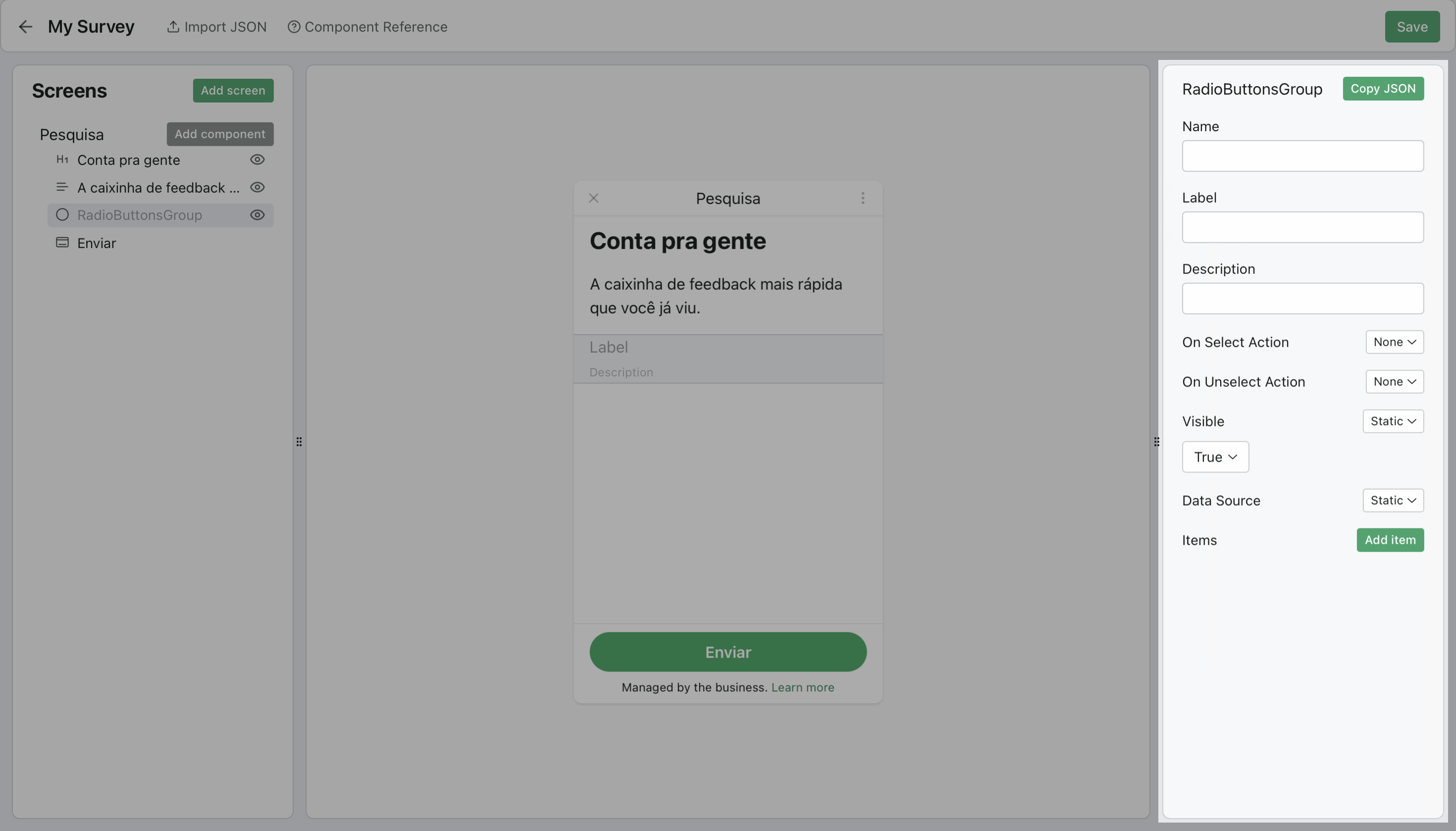 Painel de edição de componente no editor do Cogfy Messenger