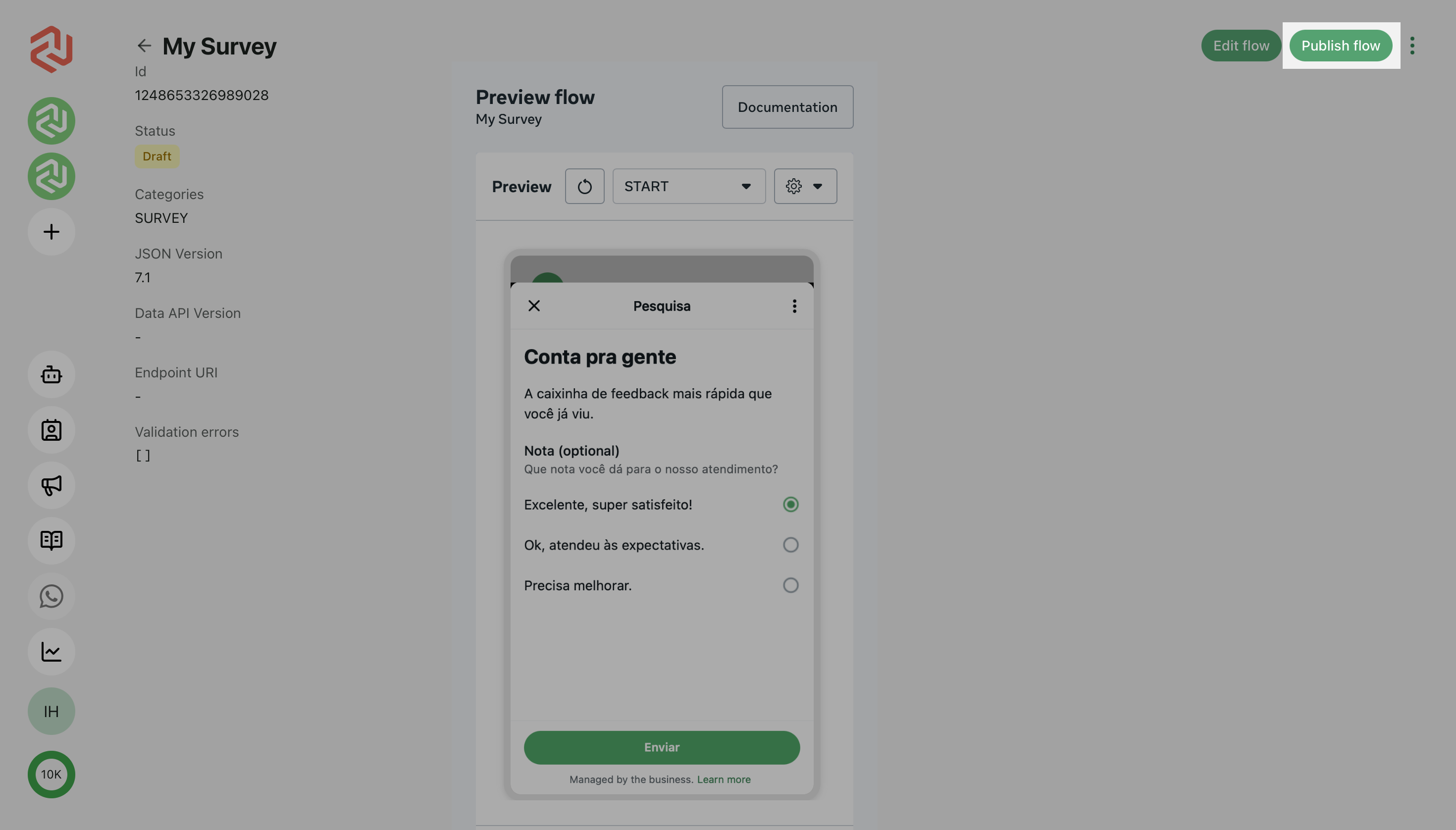 Botão publicação de Flow no Cogfy Messenger