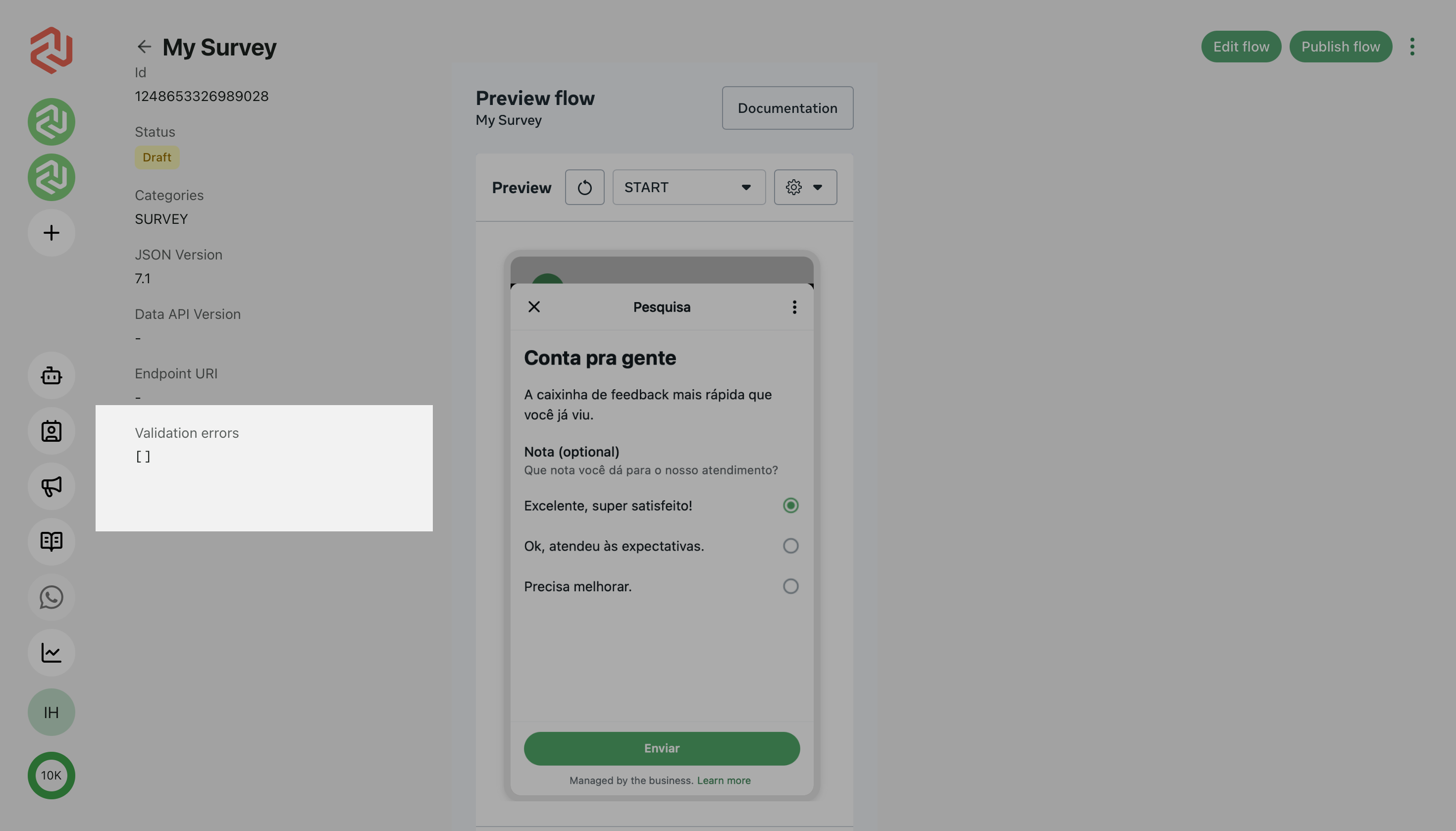 Alerta de erros de validaçãode do Flow no Cogfy Messenger