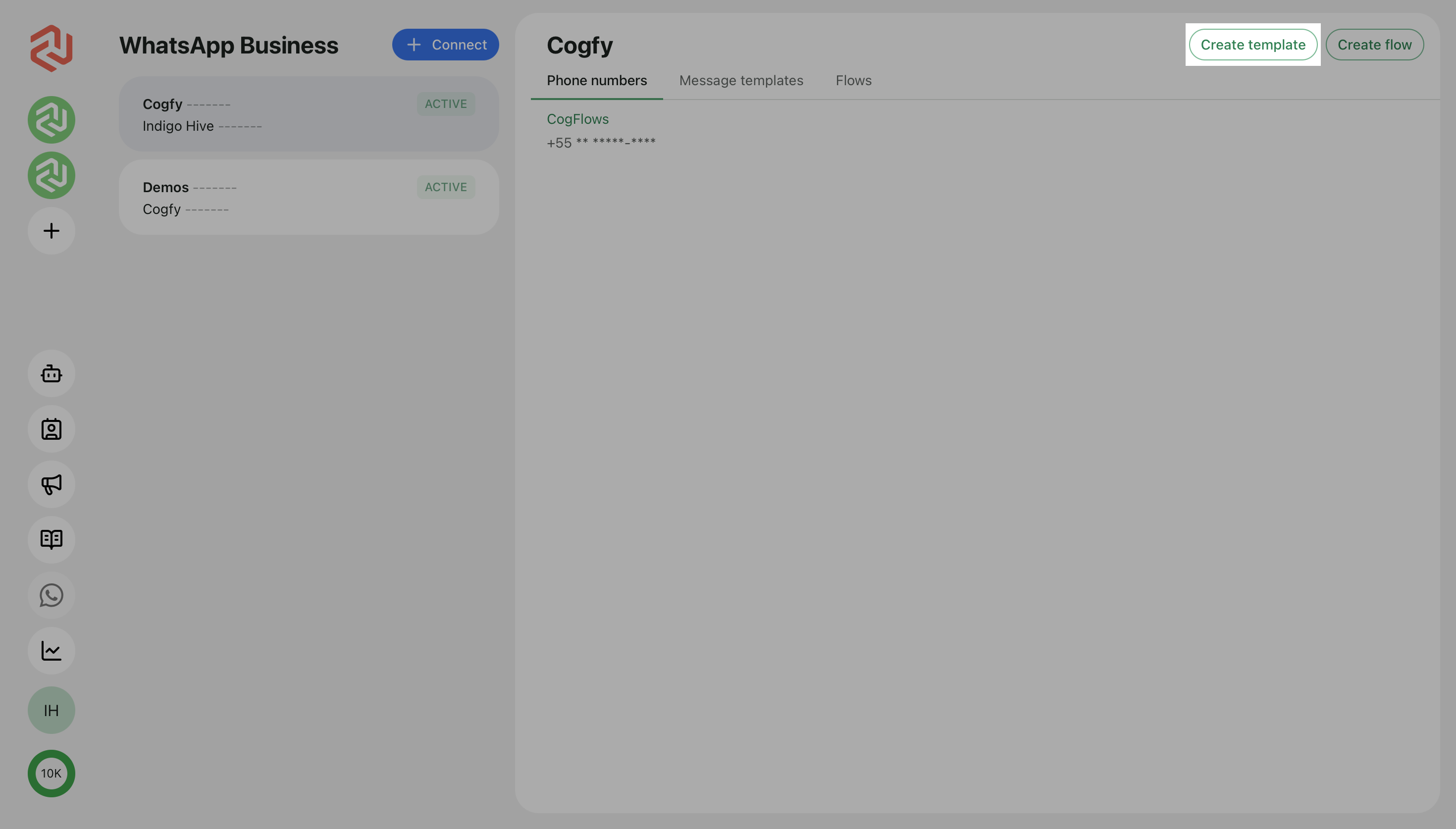 Tela de contas WhatsApp Business no CogfyMessenger